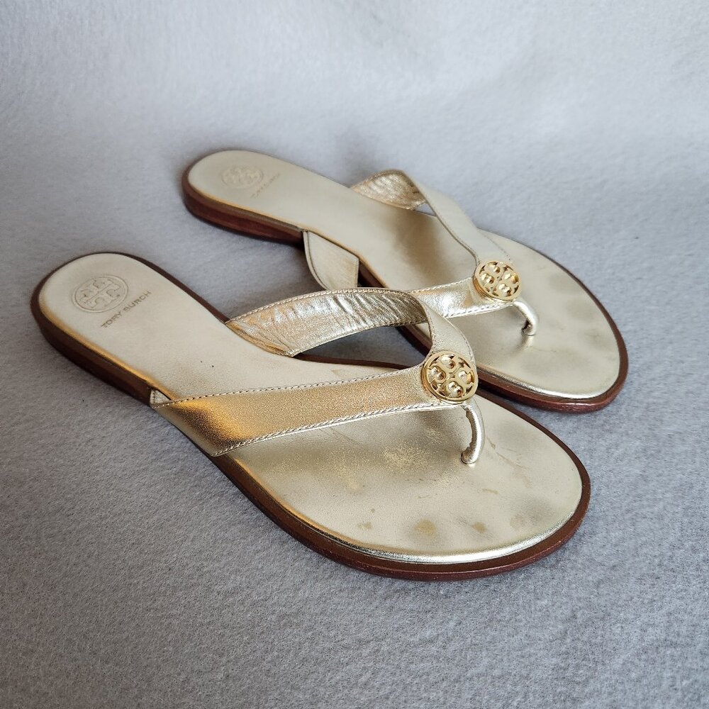Tory Burch Metallic Gold Leather Thong Sandals